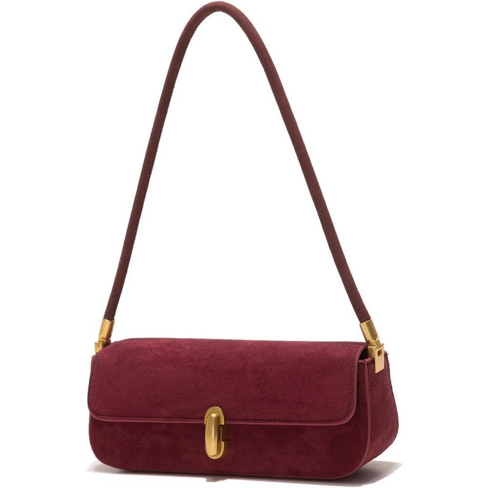 Women Burgundy faux suede leather Underarm Shoulder Bag Chic Top-Handle Purse